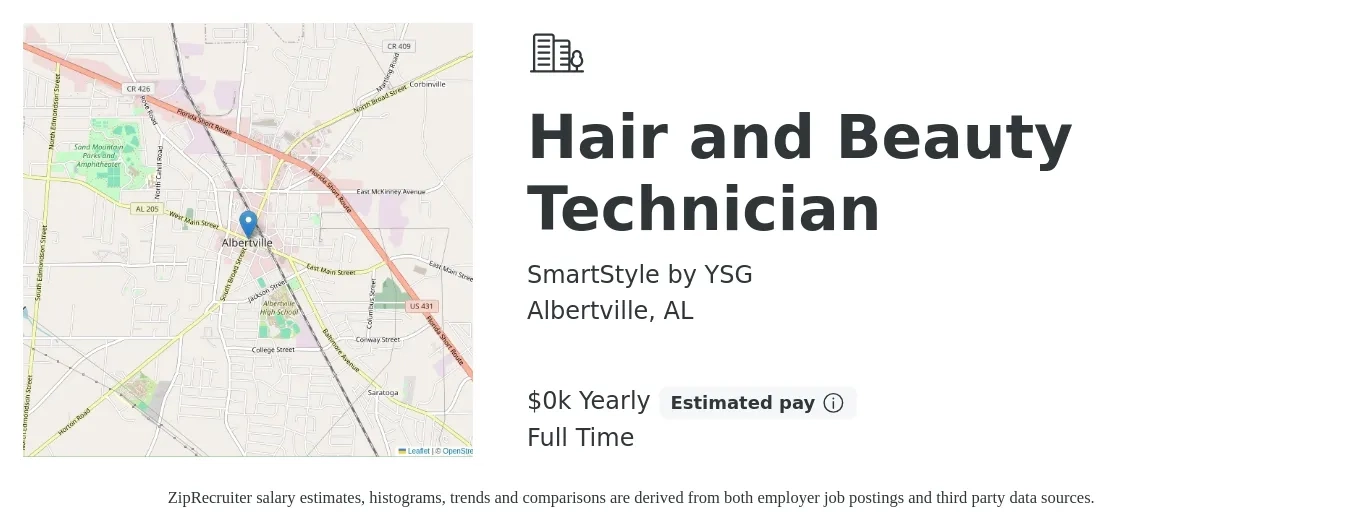 SmartStyle by YSG job posting for a Hair and Beauty Technician in Albertville, AL with a salary of $15 to $20 Yearly with a map of Albertville location.