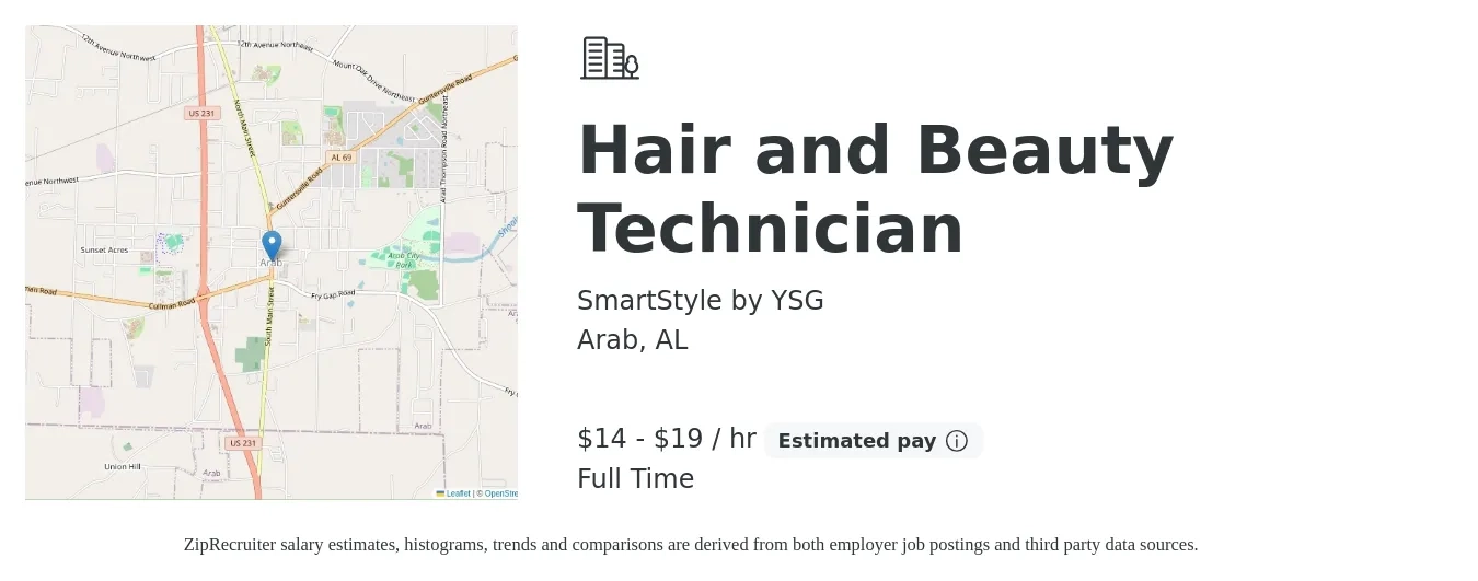 SmartStyle by YSG job posting for a Hair and Beauty Technician in Arab, AL with a salary of $15 to $20 Hourly with a map of Arab location.