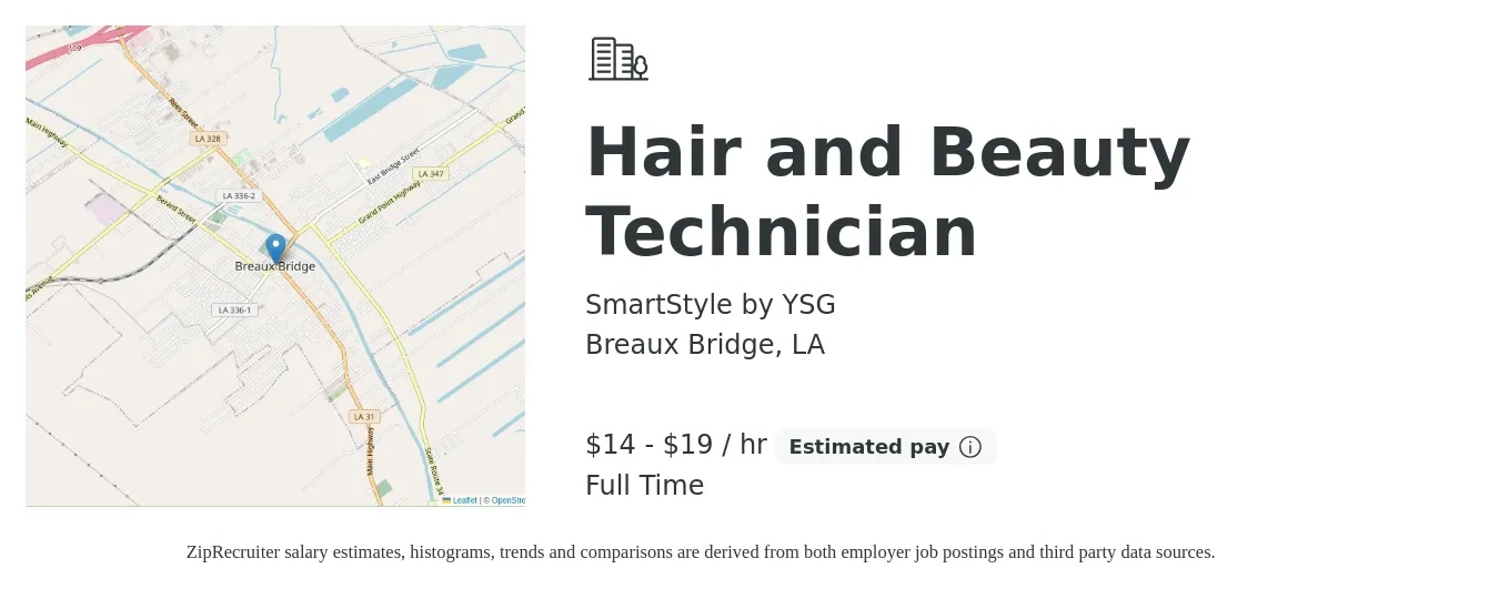 SmartStyle by YSG job posting for a Hair and Beauty Technician in Breaux Bridge, LA with a salary of $15 to $20 Hourly with a map of Breaux Bridge location.