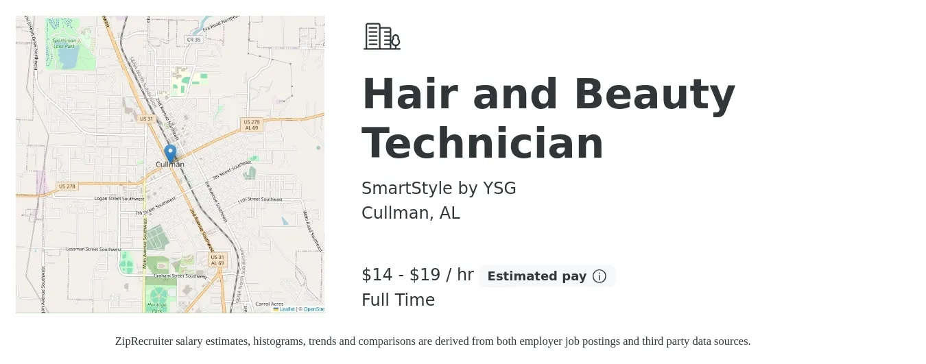 SmartStyle by YSG job posting for a Hair and Beauty Technician in Cullman, AL with a salary of $15 to $20 Hourly with a map of Cullman location.