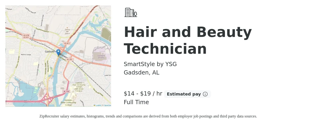 SmartStyle by YSG job posting for a Hair and Beauty Technician in Gadsden, AL with a salary of $15 to $20 Hourly with a map of Gadsden location.
