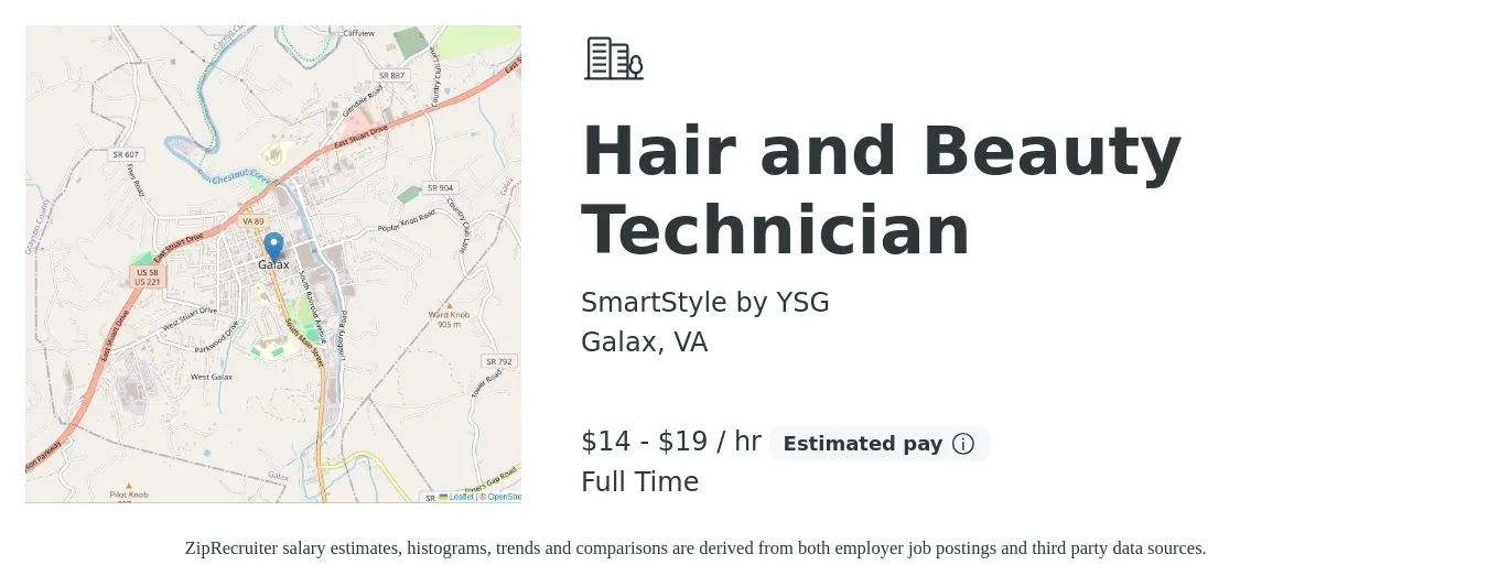 SmartStyle by YSG job posting for a Hair and Beauty Technician in Galax, VA with a salary of $15 to $20 Hourly with a map of Galax location.