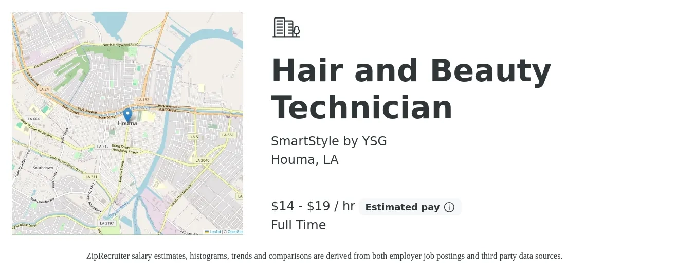 SmartStyle by YSG job posting for a Hair and Beauty Technician in Houma, LA with a salary of $15 to $20 Hourly with a map of Houma location.