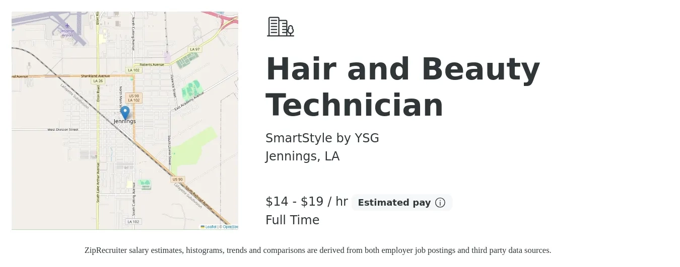 SmartStyle by YSG job posting for a Hair and Beauty Technician in Jennings, LA with a salary of $15 to $20 Hourly with a map of Jennings location.