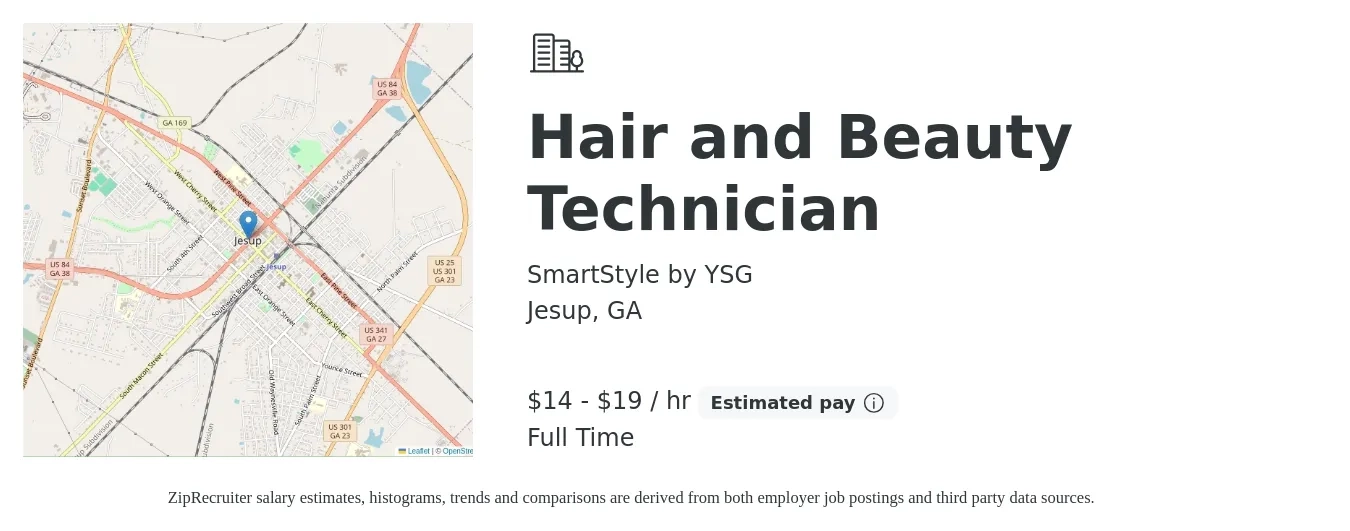 SmartStyle by YSG job posting for a Hair and Beauty Technician in Jesup, GA with a salary of $15 to $20 Hourly with a map of Jesup location.