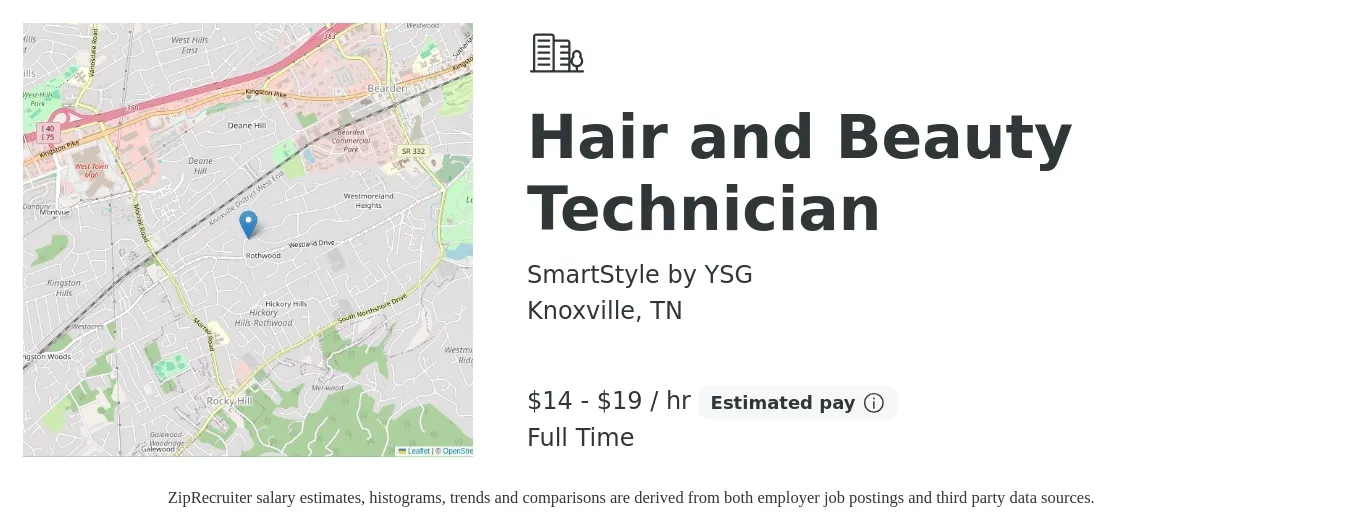 SmartStyle by YSG job posting for a Hair and Beauty Technician in Knoxville, TN with a salary of $15 to $20 Hourly with a map of Knoxville location.