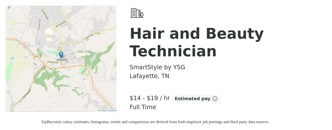 SmartStyle by YSG job posting for a Hair and Beauty Technician in Lafayette, TN with a salary of $15 to $20 Hourly with a map of Lafayette location.