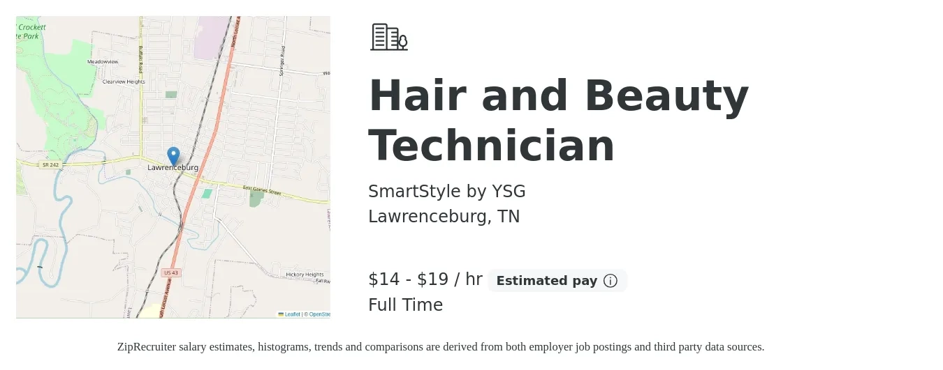 SmartStyle by YSG job posting for a Hair and Beauty Technician in Lawrenceburg, TN with a salary of $15 to $20 Hourly with a map of Lawrenceburg location.