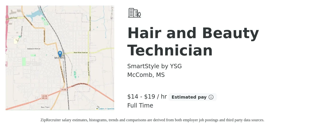 SmartStyle by YSG job posting for a Hair and Beauty Technician in McComb, MS with a salary of $15 to $20 Hourly with a map of McComb location.