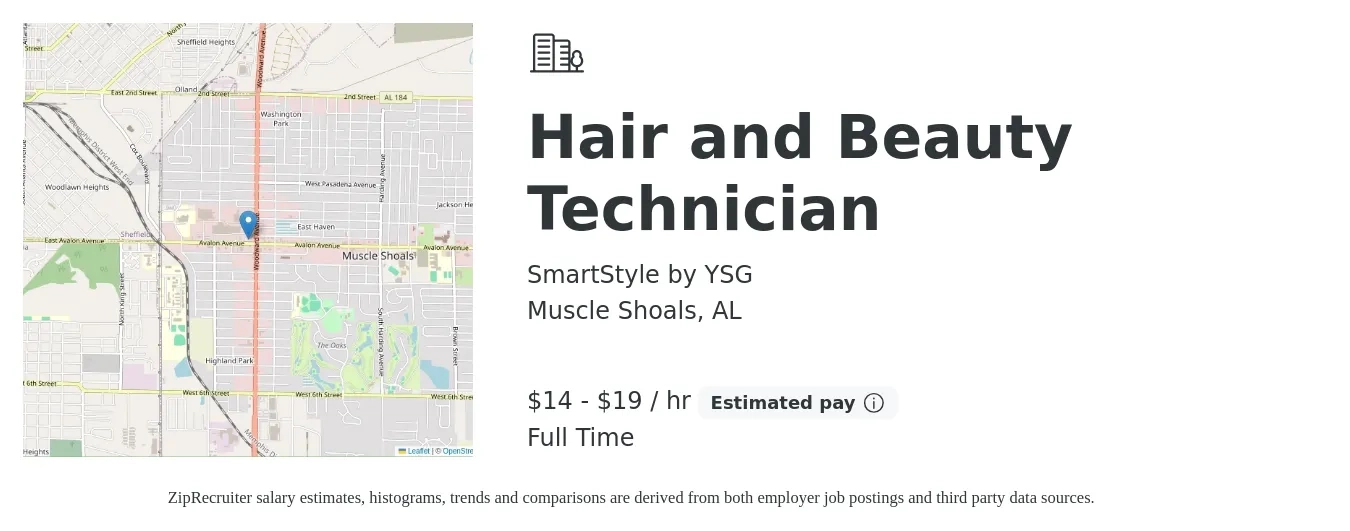 SmartStyle by YSG job posting for a Hair and Beauty Technician in Muscle Shoals, AL with a salary of $15 to $20 Hourly with a map of Muscle Shoals location.