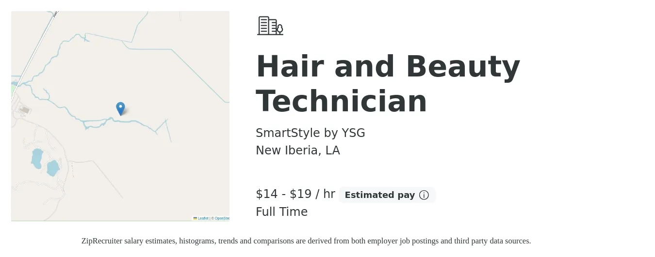 SmartStyle by YSG job posting for a Hair and Beauty Technician in New Iberia, LA with a salary of $15 to $20 Hourly with a map of New Iberia location.