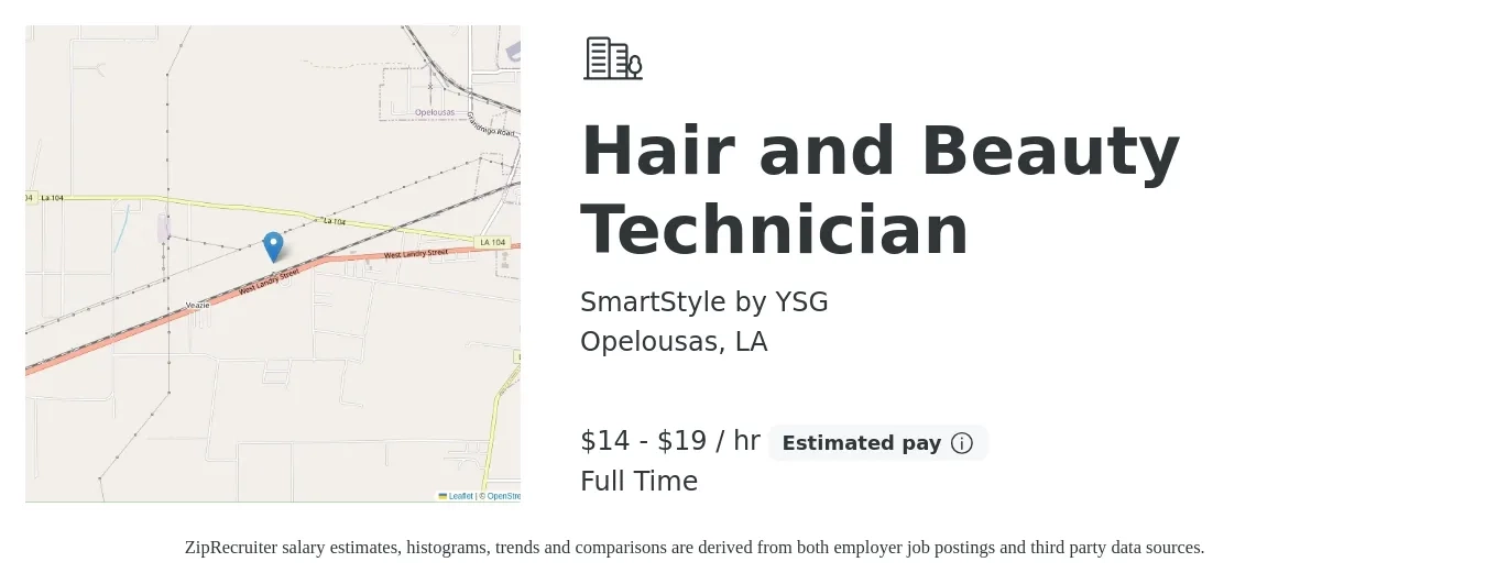 SmartStyle by YSG job posting for a Hair and Beauty Technician in Opelousas, LA with a salary of $15 to $20 Hourly with a map of Opelousas location.