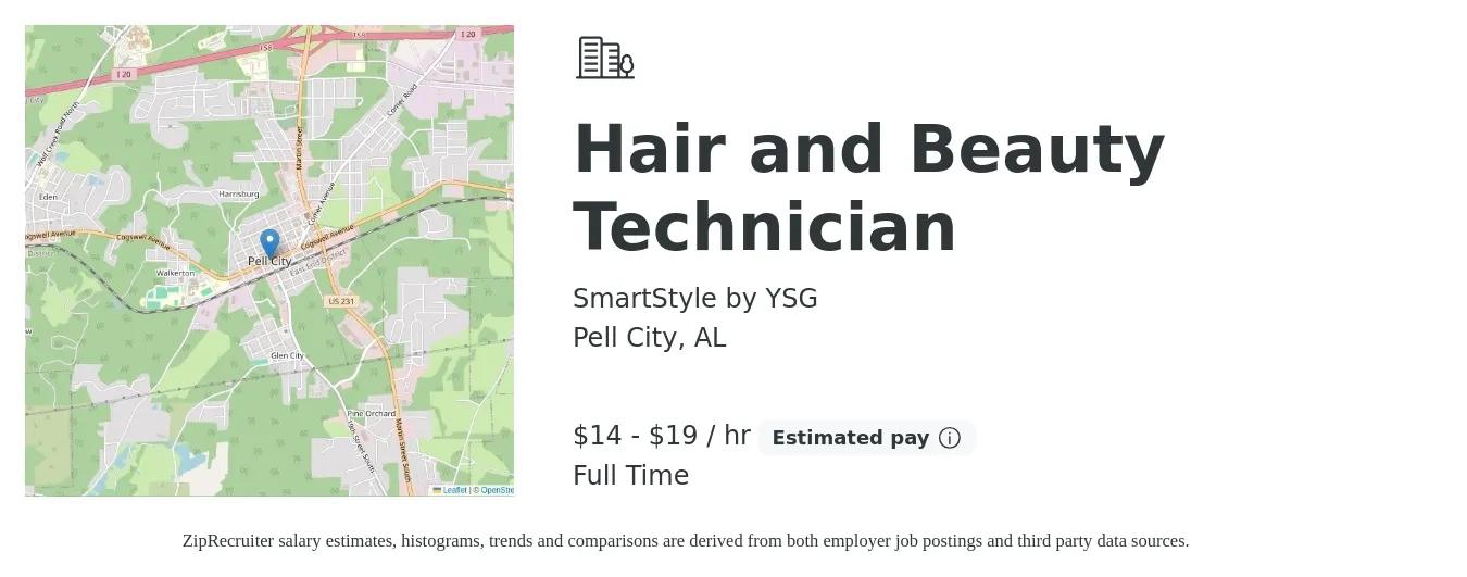 SmartStyle by YSG job posting for a Hair and Beauty Technician in Pell City, AL with a salary of $15 to $20 Hourly with a map of Pell City location.