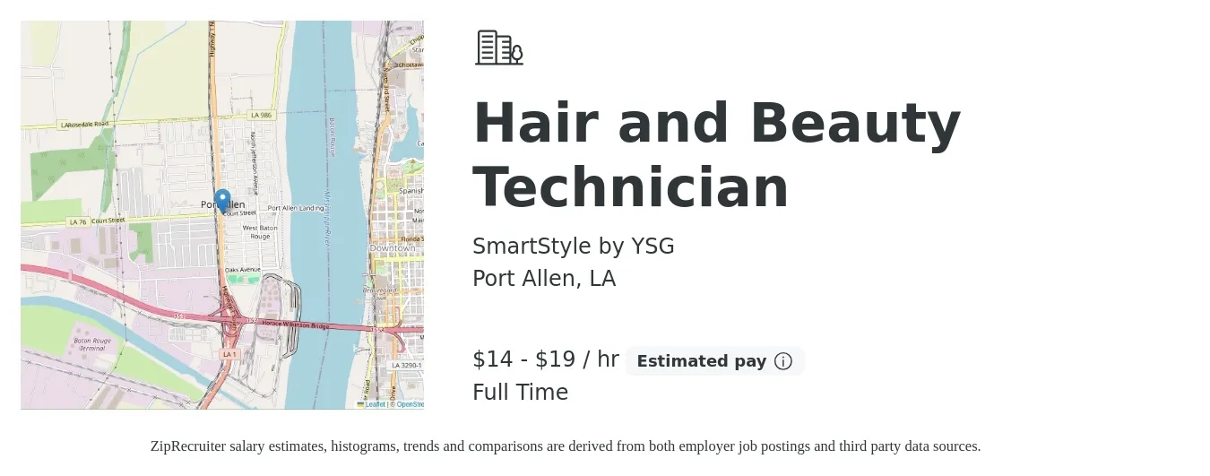 SmartStyle by YSG job posting for a Hair and Beauty Technician in Port Allen, LA with a salary of $15 to $20 Hourly with a map of Port Allen location.