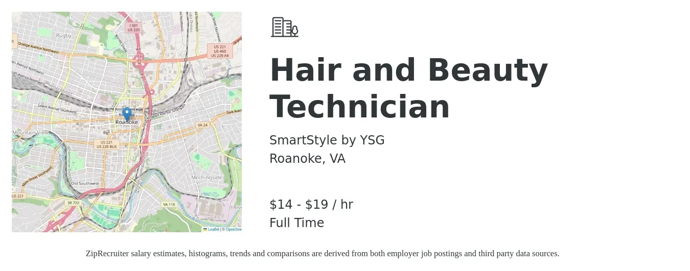 SmartStyle by YSG job posting for a Hair and Beauty Technician in Roanoke, VA with a salary of $15 to $20 Hourly with a map of Roanoke location.