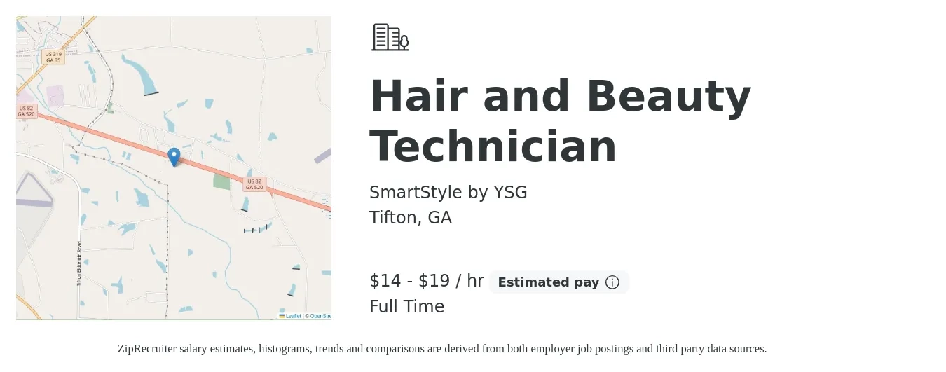 SmartStyle by YSG job posting for a Hair and Beauty Technician in Tifton, GA with a salary of $15 to $20 Hourly with a map of Tifton location.