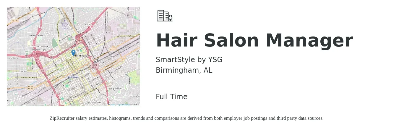SmartStyle by YSG job posting for a Hair Salon Manager in Birmingham, AL with a salary of $16 to $24 Hourly with a map of Birmingham location.