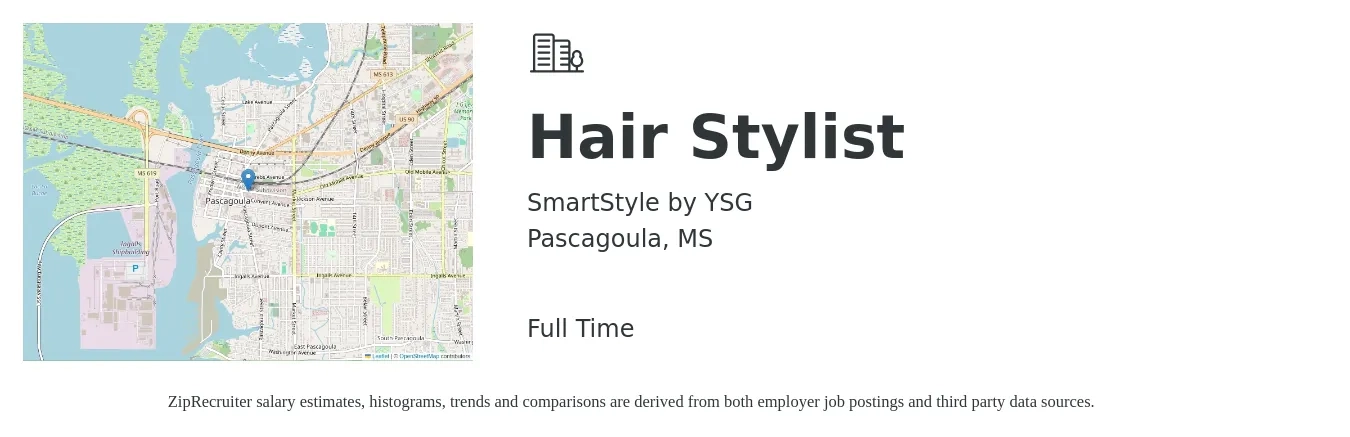 SmartStyle by YSG job posting for a Hair Stylist in Pascagoula, MS with a salary of $17 to $25 Hourly with a map of Pascagoula location.