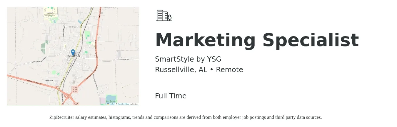 SmartStyle by YSG job posting for a Marketing Specialist in Russellville, AL with a salary of $50,000 to $60,000 Yearly with a map of Russellville location.