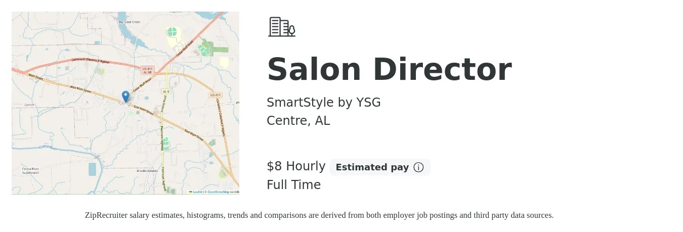 SmartStyle by YSG job posting for a Salon Director in Centre, AL with a salary of $9 Hourly with a map of Centre location.