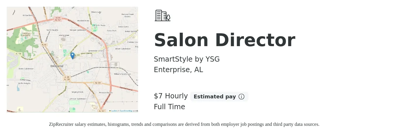 SmartStyle by YSG job posting for a Salon Director in Enterprise, AL with a salary of $8 Hourly with a map of Enterprise location.