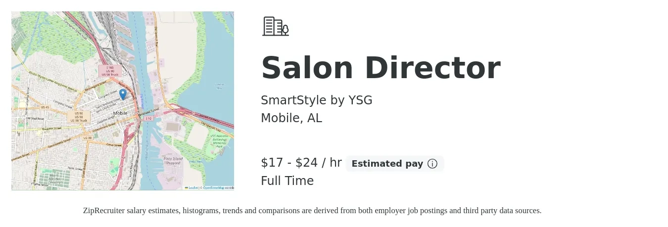 SmartStyle by YSG job posting for a Salon Director in Mobile, AL with a salary of $18 to $25 Hourly with a map of Mobile location.