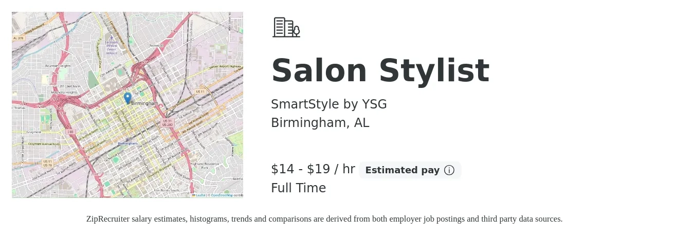 SmartStyle by YSG job posting for a Salon Stylist in Birmingham, AL with a salary of $15 to $20 Hourly with a map of Birmingham location.