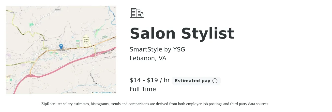 SmartStyle by YSG job posting for a Salon Stylist in Lebanon, VA with a salary of $15 to $20 Hourly with a map of Lebanon location.