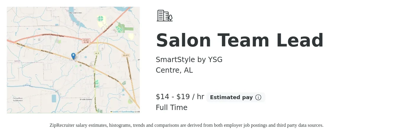 SmartStyle by YSG job posting for a Salon Team Lead in Centre, AL with a salary of $15 to $20 Hourly with a map of Centre location.
