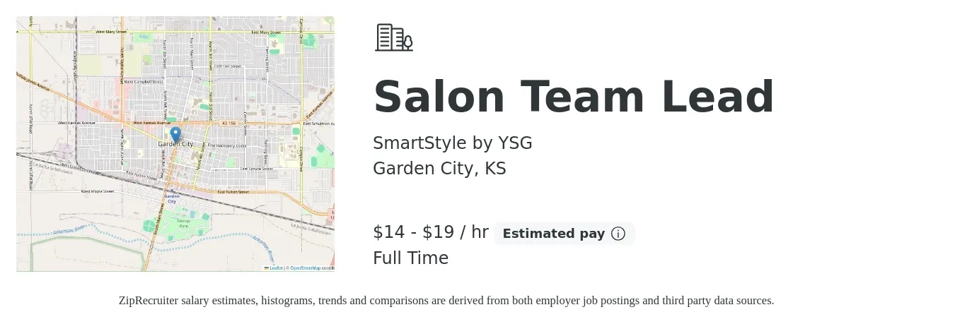 SmartStyle by YSG job posting for a Salon Team Lead in Garden City, KS with a salary of $15 to $20 Hourly with a map of Garden City location.