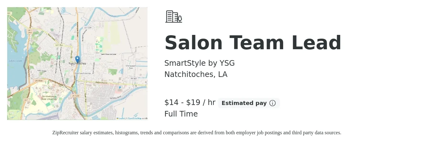 SmartStyle by YSG job posting for a Salon Team Lead in Natchitoches, LA with a salary of $15 to $20 Hourly with a map of Natchitoches location.