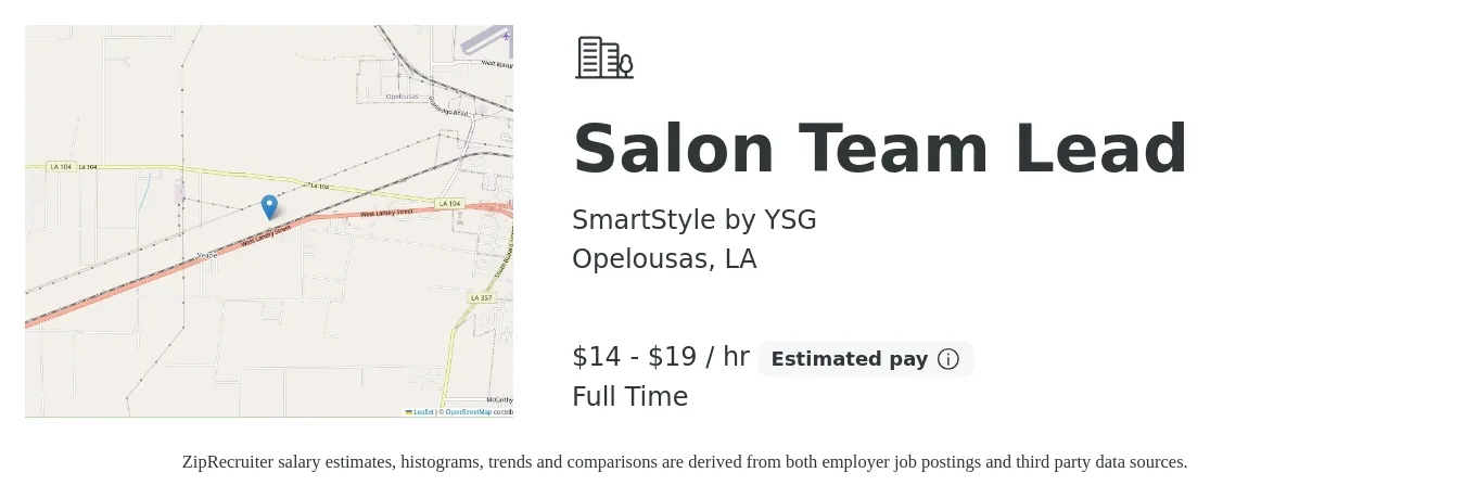 SmartStyle by YSG job posting for a Salon Team Lead in Opelousas, LA with a salary of $15 to $20 Hourly with a map of Opelousas location.
