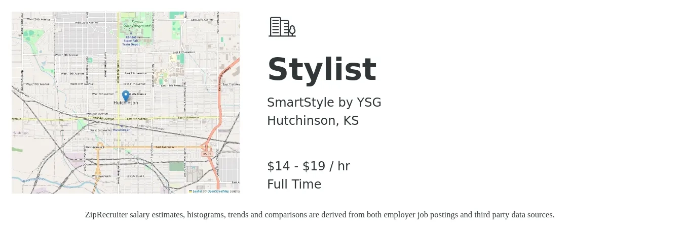SmartStyle by YSG job posting for a Stylist in Hutchinson, KS with a salary of $15 Hourly with a map of Hutchinson location.