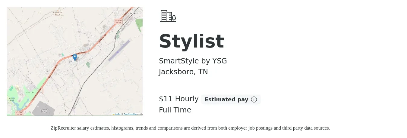 SmartStyle by YSG job posting for a Stylist in Jacksboro, TN with a salary of $12 Hourly with a map of Jacksboro location.