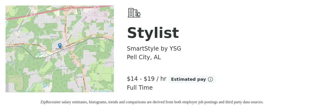 SmartStyle by YSG job posting for a Stylist in Pell City, AL with a salary of $8 Hourly with a map of Pell City location.