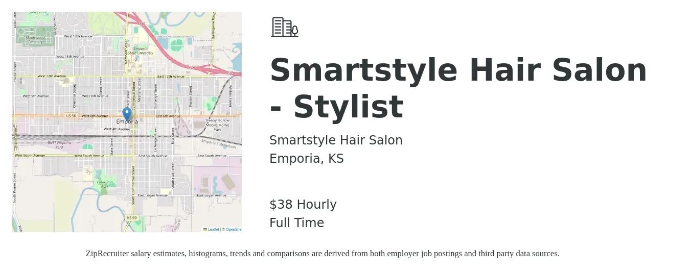 Smartstyle Hair Salon job posting for a Smartstyle Hair Salon - Stylist in Emporia, KS with a salary of $40 Hourly with a map of Emporia location.