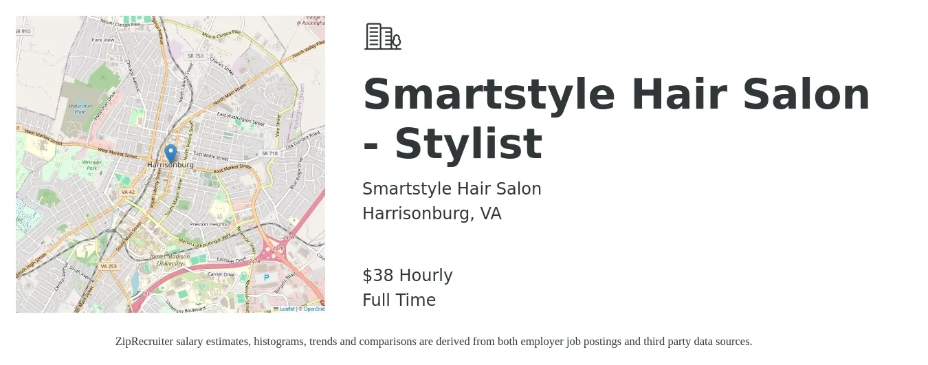 Smartstyle Hair Salon job posting for a Smartstyle Hair Salon - Stylist in Harrisonburg, VA with a salary of $40 Hourly with a map of Harrisonburg location.