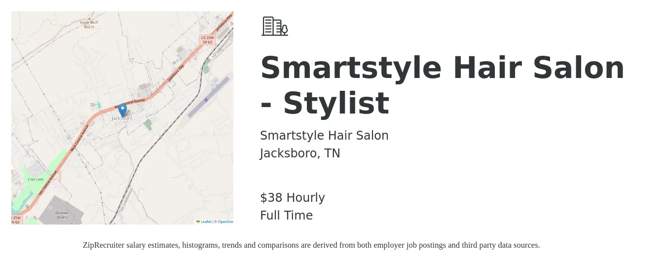 Smartstyle Hair Salon job posting for a Smartstyle Hair Salon - Stylist in Jacksboro, TN with a salary of $40 Hourly with a map of Jacksboro location.