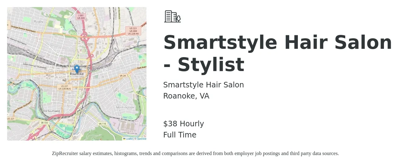 Smartstyle Hair Salon job posting for a Smartstyle Hair Salon - Stylist in Roanoke, VA with a salary of $40 Hourly with a map of Roanoke location.
