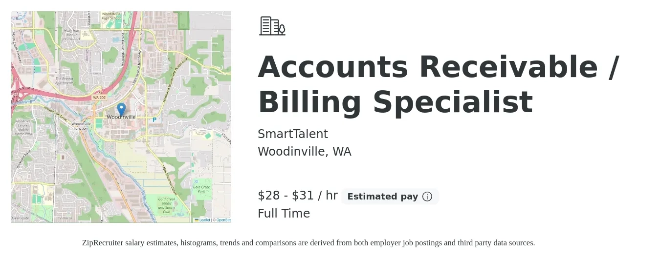SmartTalent job posting for a Accounts Receivable / Billing Specialist in Woodinville, WA with a salary of $30 to $33 Hourly with a map of Woodinville location.