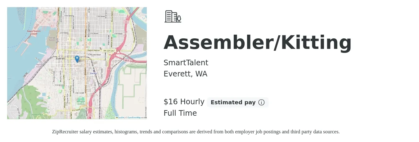 SmartTalent job posting for a Assembler/Kitting in Everett, WA with a salary of $17 Hourly with a map of Everett location.