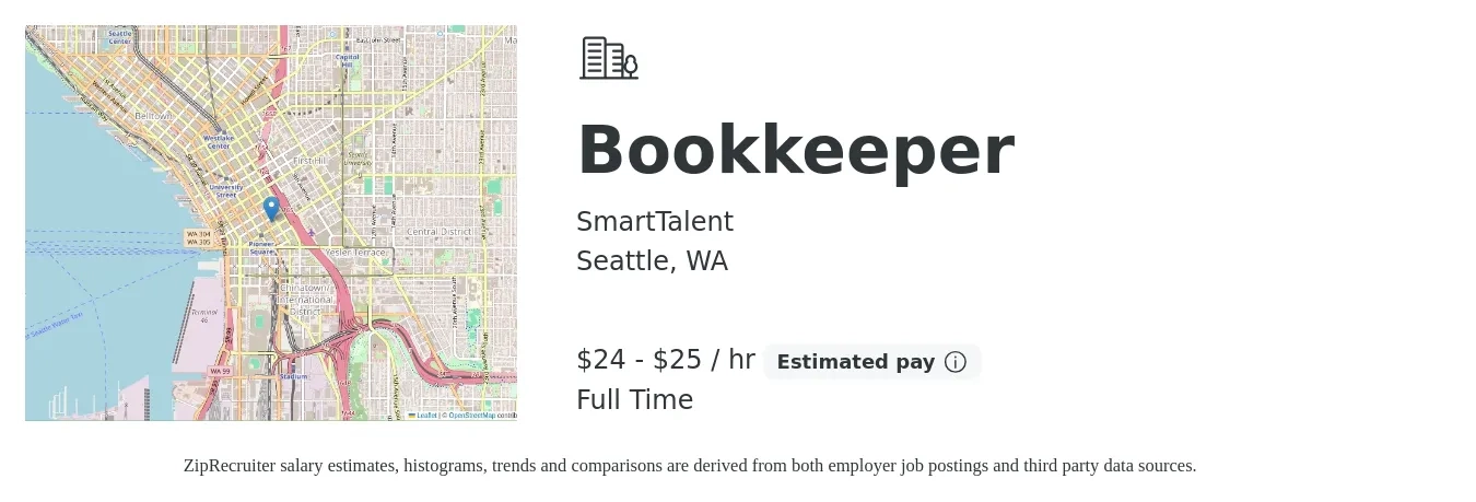 SmartTalent job posting for a Bookkeeper in Seattle, WA with a salary of $25 to $27 Hourly with a map of Seattle location.