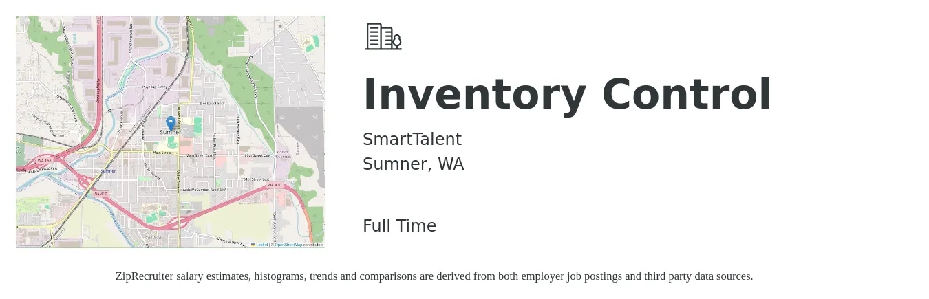 SmartTalent job posting for a Inventory Control in Sumner, WA with a salary of $18 to $23 Hourly with a map of Sumner location.