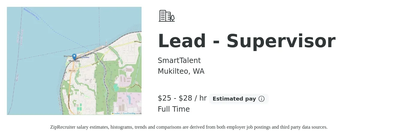 SmartTalent job posting for a Lead - Supervisor in Mukilteo, WA with a salary of $27 to $30 Hourly with a map of Mukilteo location.