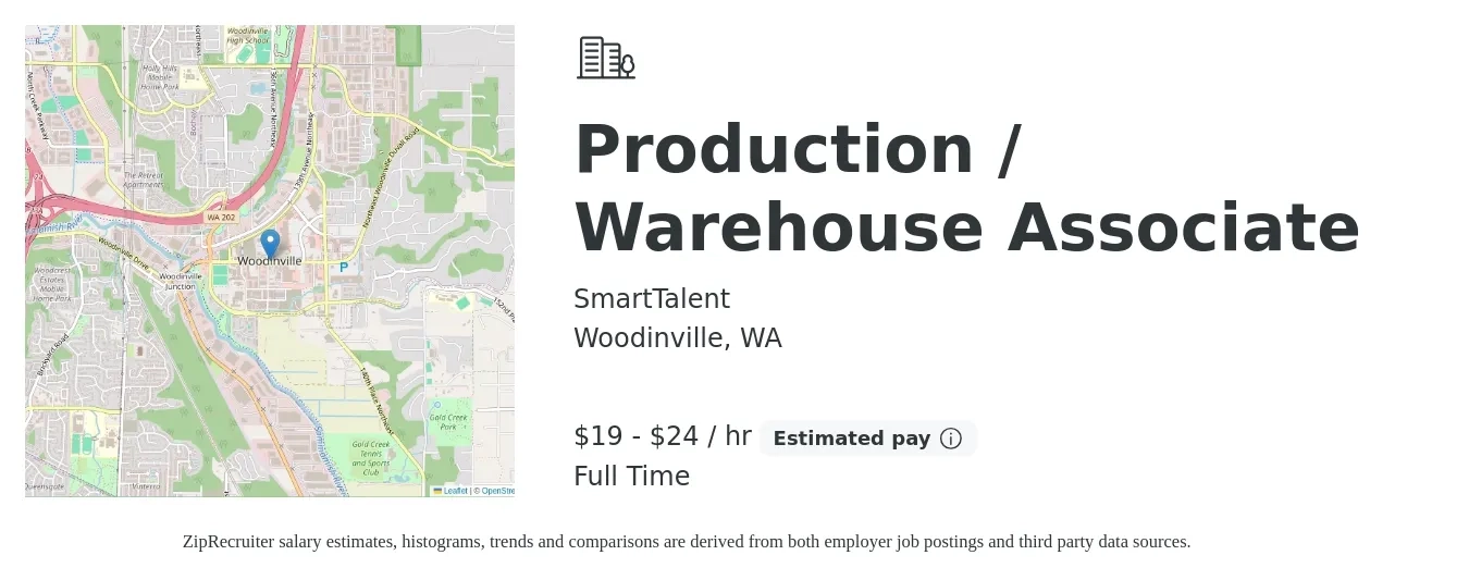 SmartTalent job posting for a Production / Warehouse Associate in Woodinville, WA with a salary of $20 to $25 Hourly with a map of Woodinville location.