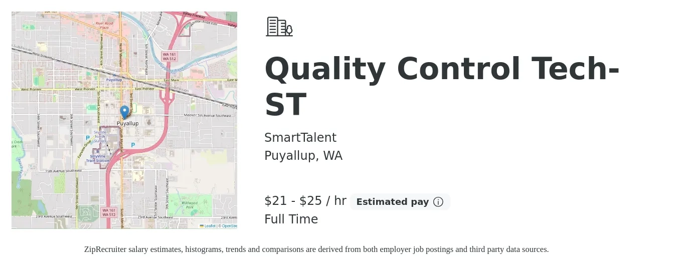 SmartTalent job posting for a Quality Control Tech-ST in Puyallup, WA with a salary of $22 to $26 Hourly with a map of Puyallup location.