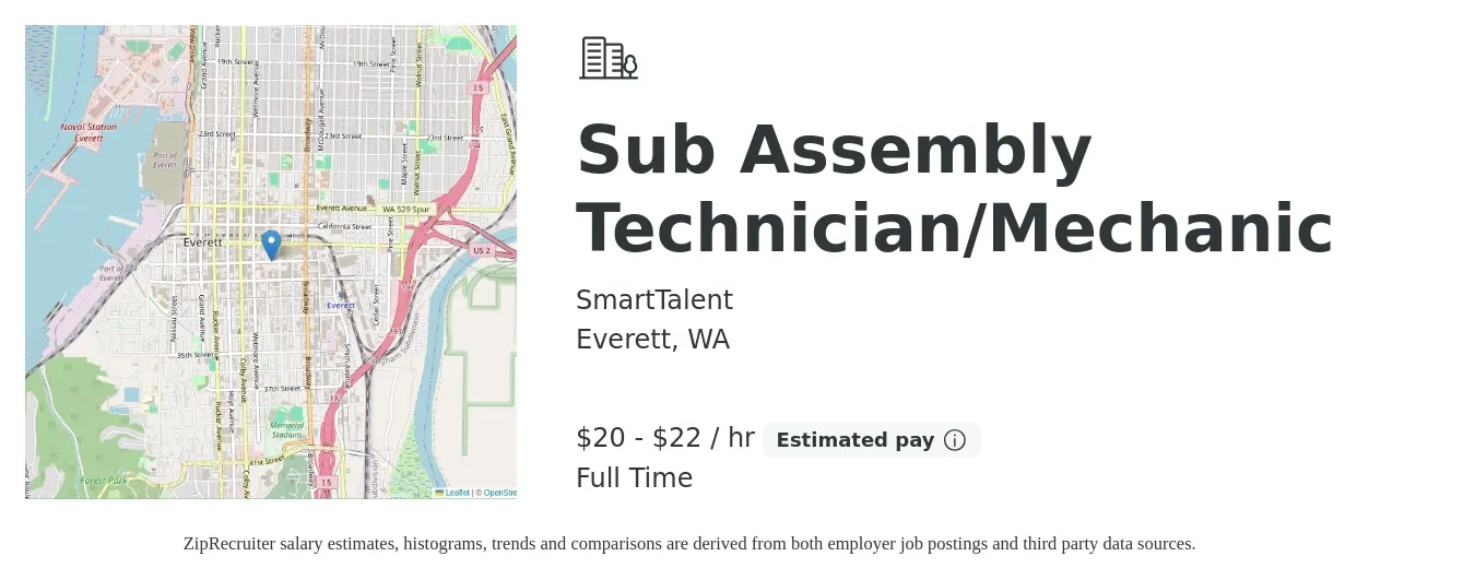 SmartTalent job posting for a Sub Assembly Technician/Mechanic in Everett, WA with a salary of $21 to $23 Hourly with a map of Everett location.