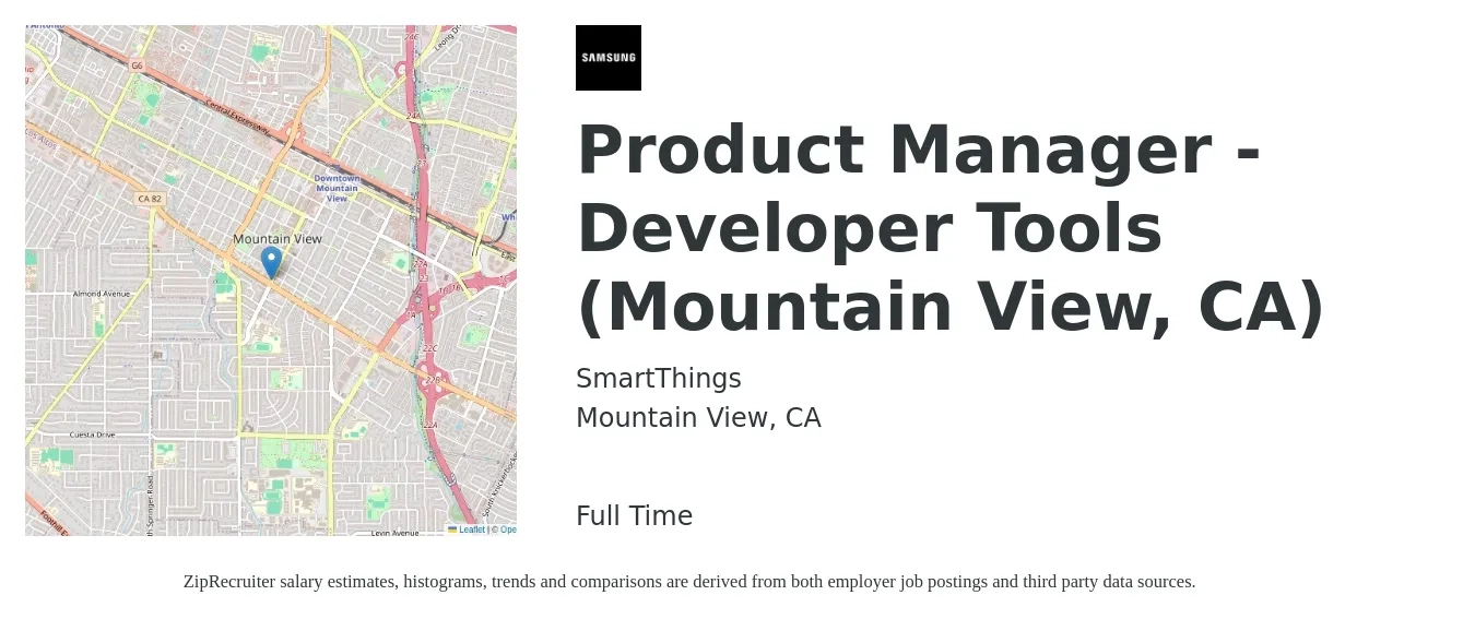 SmartThings job posting for a Product Manager - Developer Tools (Mountain View, CA) in Mountain View, CA with a salary of $166,300 to $232,400 Yearly with a map of Mountain View location.
