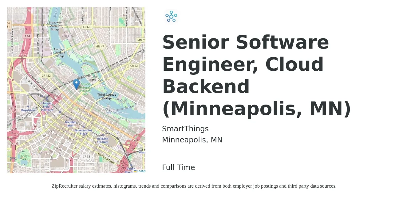 SmartThings job posting for a Senior Software Engineer, Cloud Backend (Minneapolis, MN) in Minneapolis, MN with a salary of $127,900 to $168,600 Yearly with a map of Minneapolis location.