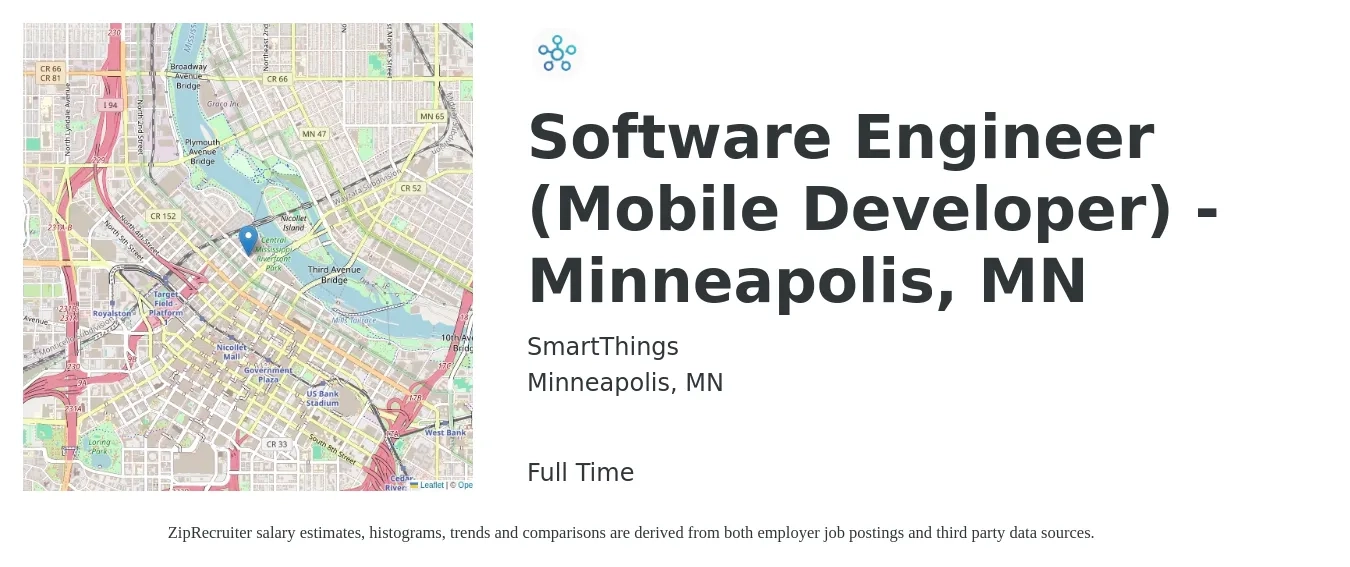 SmartThings job posting for a Software Engineer (Mobile Developer) - Minneapolis, MN in Minneapolis, MN with a salary of $121,100 to $167,000 Yearly with a map of Minneapolis location.